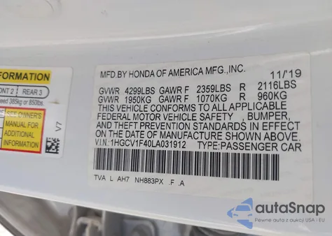 2020 Honda Accord Ex из США, поврежденный, VIN 1HGCV1F40LA031912